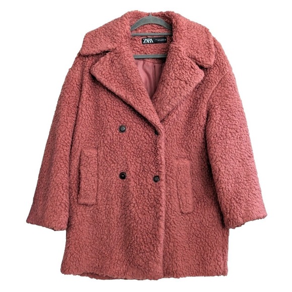 Zara Teddy Jacket Double Breasted Pea Coat Sz M Rose Pink Faux Shearling Fleece - Picture 1 of 15